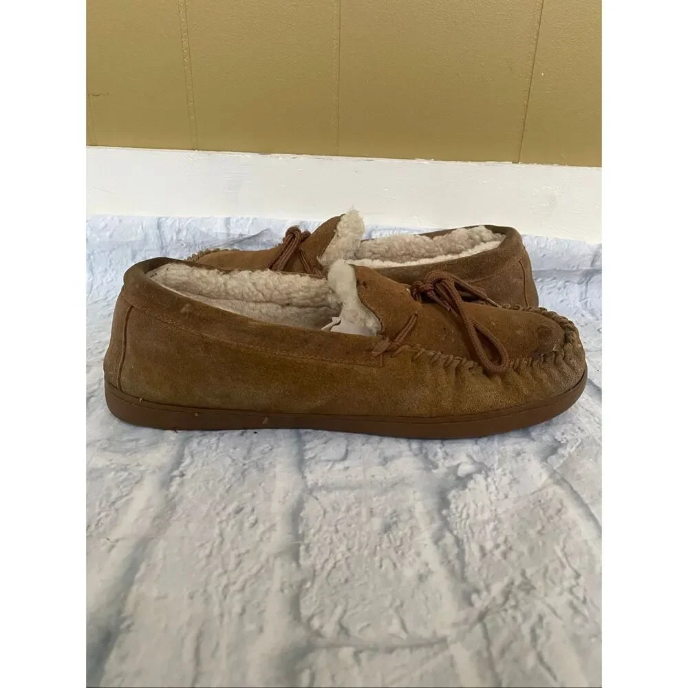 Bearpaw men 13 suede slip on moccasins w/front tie tan